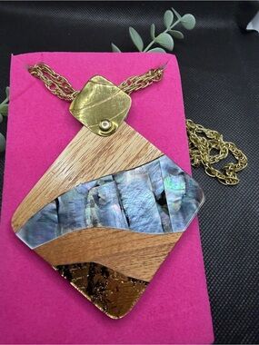 Artisan Abalone Shell Wood Geometric Pendant Necklace Statement Jewelry